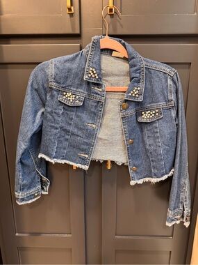 Girls' Dark Blue Studded Cropped Denim Jacket
